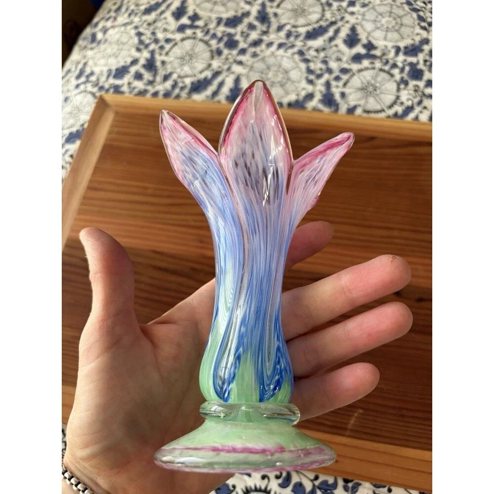 Unmarked Art Hand-blown Glass Bud Vase Swirl Pink Blue Green Glossy no chips